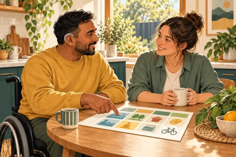 AI-generated illustration of an adult participant and support worker discussing preferred activities at a kitchen table.